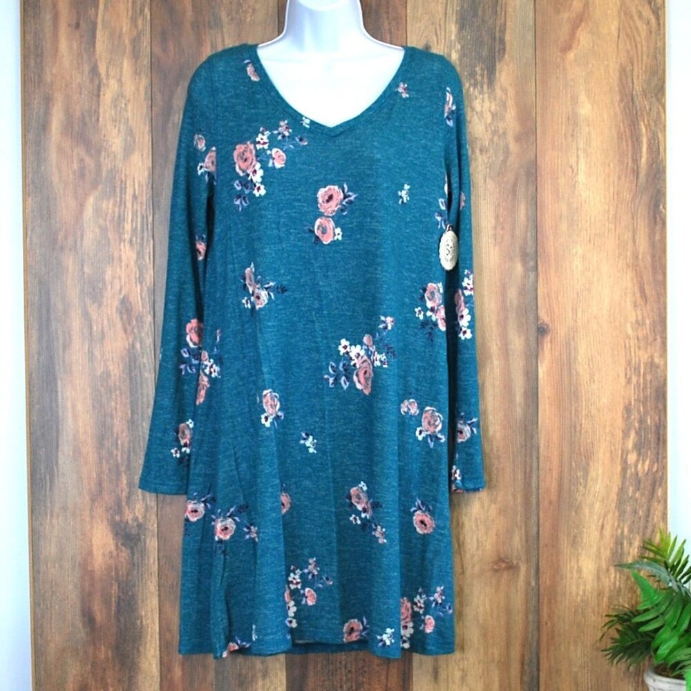 SO Women's Teal Long Sleeve Floral VNeck Soft Mini Pajama Dress L